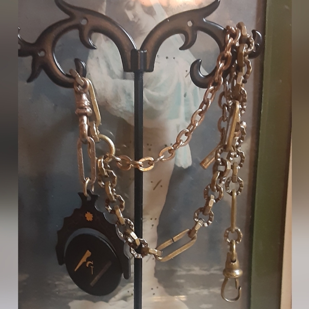 c1890 Masonic Temple Damascene Spinner FOB on Albert Chain 10"